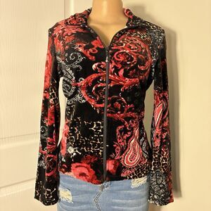 Onque Women's Jacket Size Large Black Red Paisley Floral Full Zip faux velvet